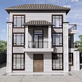 Two Story Detached Villa Exterior Design With Gray Walls Brown Windows And Balcony