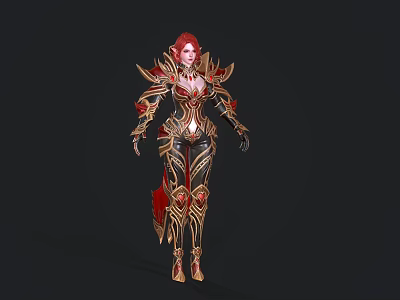 Game And Movie Character With Red Hair Ornate Gold Red Armor Fantasy Warrior 3d model