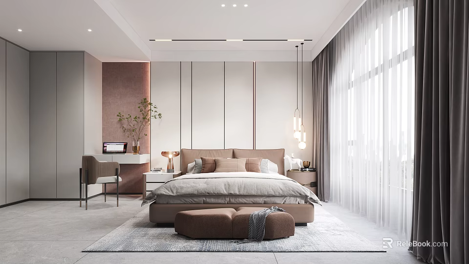 Modern Bedroom Interior Design With Large Bed Soft Rug Nightstand And Hanging Lamp And Curtains 3d model 