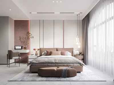 Modern Bedroom Interior Design With Large Bed Soft Rug Nightstand And Hanging Lamp And Curtains 3d model