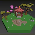 Cartoon Scene with Red Pavilion Green Grassy Area Pink Green Trees and Spiral Pattern