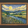 Van Gogh Style Landscape Painting With Wooden Frame Yellow Sun Green Fields River And Mountains