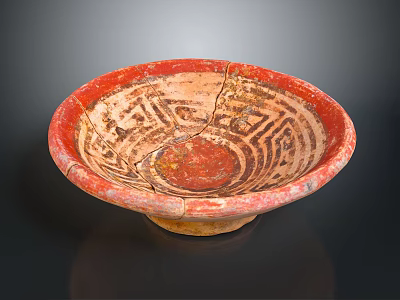 Ancient Red Clay Bowl Sculpture With Intricate Geometric Carvings And Cracks 3d model