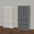 Modern White And Gray Multi Door Refrigerators Standing Against Wall On Wooden Floor