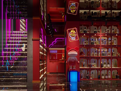 Vibrant Red Restaurant Interior With Neon Lights Staircase Display Shelves Holding Wine Bottles And Figurines 3d model