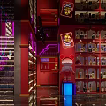 Vibrant Red Restaurant Interior With Neon Lights Staircase Display Shelves Holding Wine Bottles And Figurines