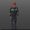 A Man Wearing Red Hard Hat And Blue Work Uniform With Yellow Stripes And Badge