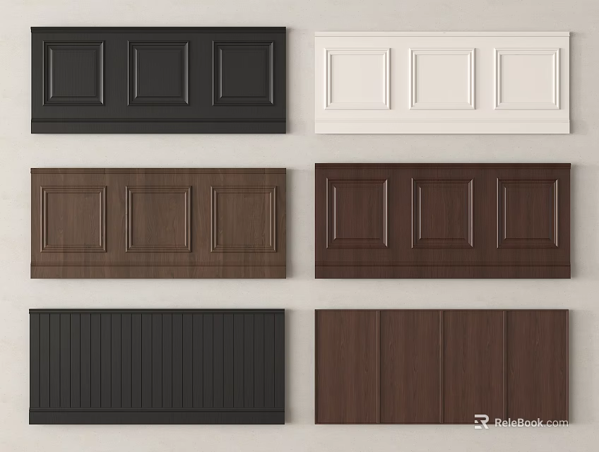 Various Styles of Wall Paneling with Decorative Designs in Black White Brown and Walnut Colors 3d model 