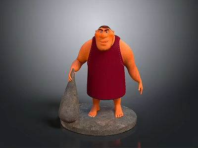 Muscular Male Character Standing On Stone Platform With Red Sleeveless Outfit And Sack 3d model