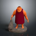 Muscular Male Character Standing On Stone Platform With Red Sleeveless Outfit And Sack