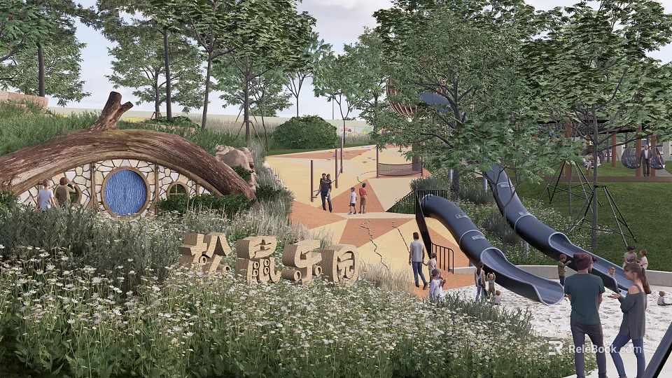 Squirrel Paradise Park Landscape With Slides Green Trees And Families Enjoying Playtime 3d model 