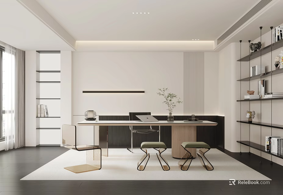 Modern Bright Study Room Interior With Wooden Desk Green Plant And Bookshelves 3d model 