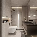 Modern Bathroom Interior With Glass Shower Wooden Vanity Marble Countertop And Strip Lighting