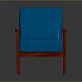 Comfortable Blue Upholstered Chair With Red Wooden Arms Backrest And Legs
