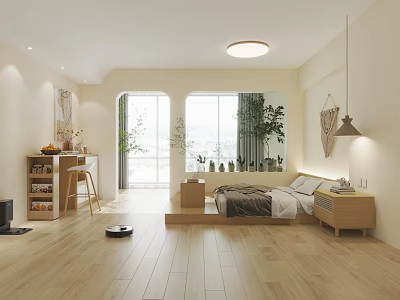 Modern Bedroom Interior With Wooden Flooring Large Bed Windows Green Plants Desk And Storage Cabinet 3d model