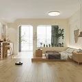 Modern Bedroom Interior With Wooden Flooring Large Bed Windows Green Plants Desk And Storage Cabinet
