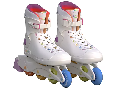 White Casual Roller Skates with Velcro Straps Laces Purple Accents and Colorful Wheels 3d model