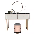 Elegant Modern Dressing Table With Round Mirror Black Top White Drawers and Matching Stool 3d model