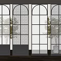 Modern Arched Glass Room Divider With Black Metal Grid Frame Design