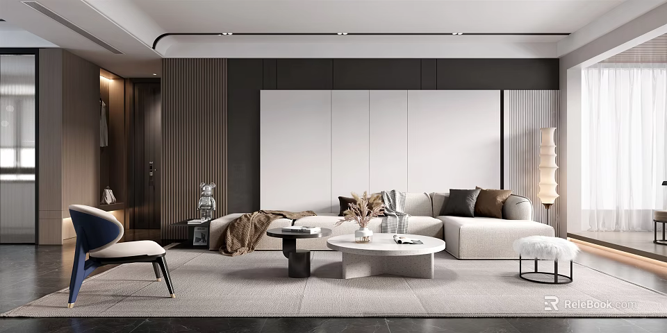 Modern Living Dining Area With Sofa And Circular Coffee Table 3d model