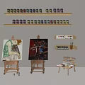 Art Supplies Studio With Wooden Easels Paintings Shelves And Paint Jars On Table