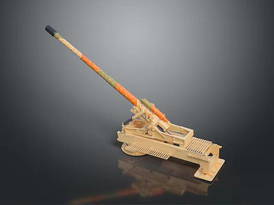 Yellow Artillery Model With Orange Green Striped Barrel On Black Smooth Surface With Reflection 3d model