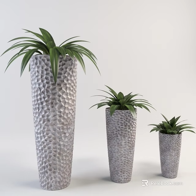 Bonsai Potted Plants with Three Different Sizes Gray Textured Pots and Green Long Leaves 3d model 