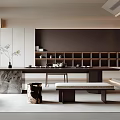 Modern Tea Room Interior With Long Marble Table Teaware Shelves Wooden Bench And Green Plant