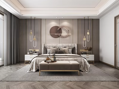 Elegant Modern Bedroom Interior With Tufted Headboard Pendant Lights And Circular Wall Decor 3d model