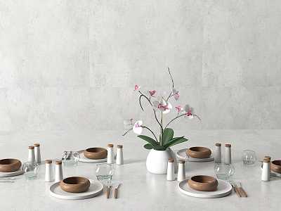 Tableware Set with White Vase Pink Orchid Wooden Bowls Plates Glass Cups Salt Pepper Shakers 3d model