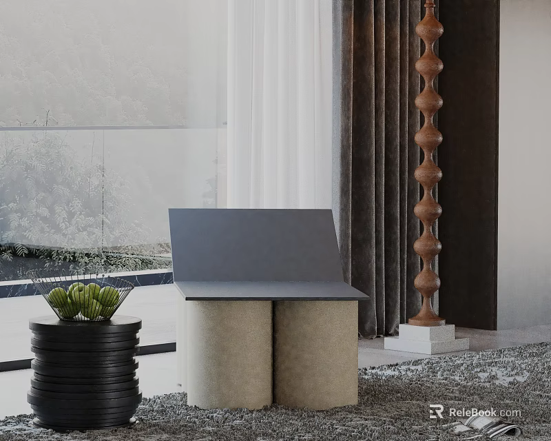 Gray Leisure Chair With Beige Cylindrical Bases By Window Side With Green Plant Minimalist Design 3d model 