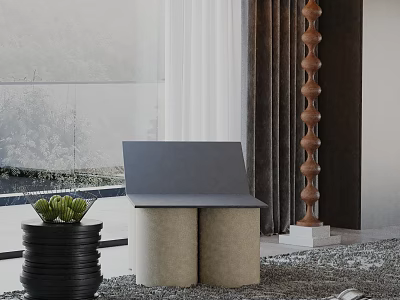 Gray Leisure Chair With Beige Cylindrical Bases By Window Side With Green Plant Minimalist Design 3d model