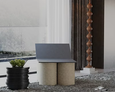 Gray Leisure Chair With Beige Cylindrical Bases By Window Side With Green Plant Minimalist Design 3d model