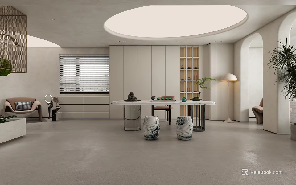 Modern Office Interior Design With Open Layout Round Ceiling Light And Green Plants 3d model