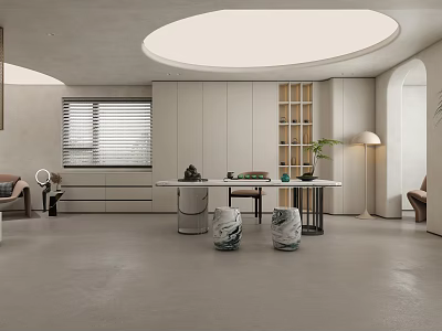 Modern Office Interior Design With Open Layout Round Ceiling Light And Green Plants 3d model