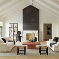Bright Living Room With Beamed Ceiling Black Fireplace White Sofas Red Coffee Table And Bookshelf