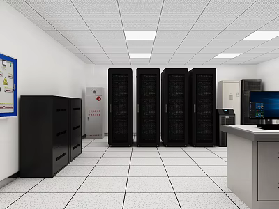 Four Tall Black Bookcases In Room With White Ceiling Tiles And Tile Floor 3d model