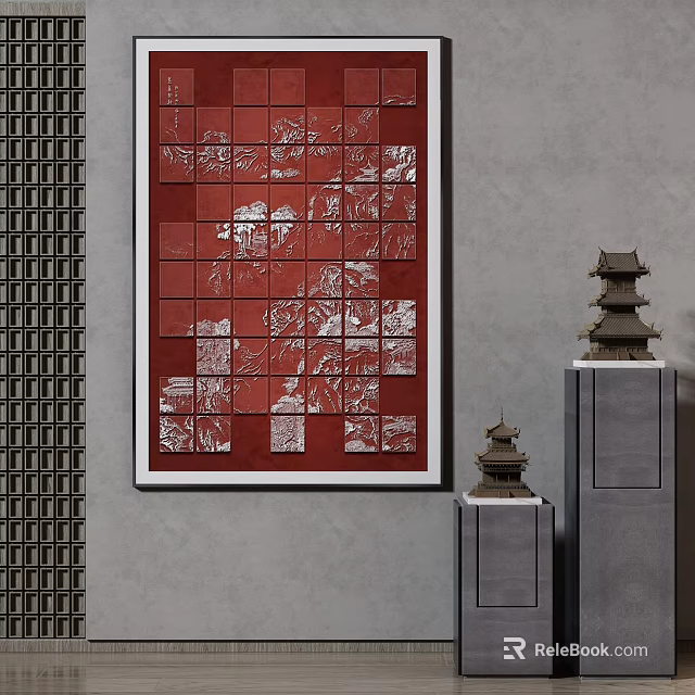 Red Grid Patterned Artwork With White Designs On Gray Wall And Pagoda Ornaments 3d model 