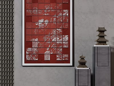 Red Grid Patterned Artwork With White Designs On Gray Wall And Pagoda Ornaments 3d model