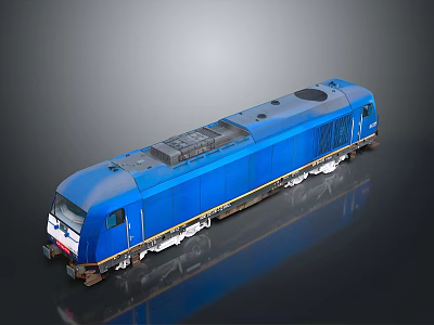 Blue Train Locomotive with Shiny Metallic Finish Detailed Exterior Top Equipment Wheels on Reflective Surface 3d model