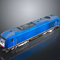 Blue Train Locomotive with Shiny Metallic Finish Detailed Exterior Top Equipment Wheels on Reflective Surface