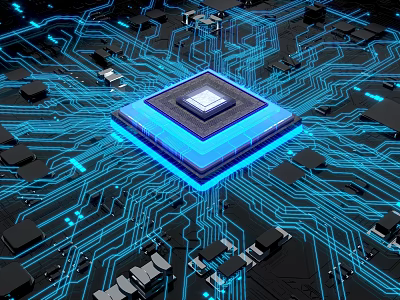 Advanced Computer Chip With Blue Illumination On Modern Circuit Board And Components 3d model