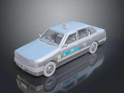 Detailed Silver Taxi Model with Red Roof Light and Blue Body Decals on Reflective Surface 3d model