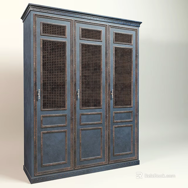 Vintage Style Wooden Wardrobe With Decorative Grille Doors And Carved Frames 3d model 