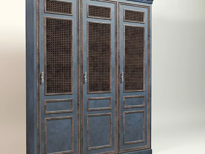 Vintage Style Wooden Wardrobe With Decorative Grille Doors And Carved Frames 3d model