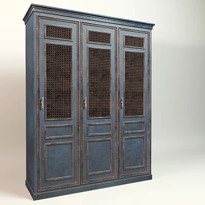 Vintage Style Wooden Wardrobe With Decorative Grille Doors And Carved Frames 3d model
