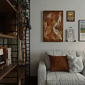 Warm Apartment Interior With Sofa Pillows Coffee Table Green Plant Paintings Floor Lamp And Bookshelf