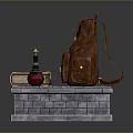 Stone Platform With Brown Backpack Decorative Book And Potion Bottle