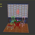Traditional Room With Colorful Patterned Wallpaper Dark Chairs Round Table Red Stool And Orange Carpet