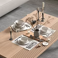 Minimalist Dinnerware Set With White Plates Glasses Cutlery Vase Dried Flowers On Wooden Table
